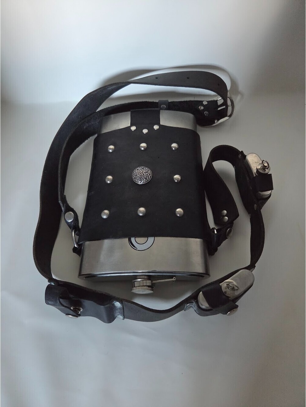 Large Metal Flask With Leather Bandolier Strap Studded Design Viking Renaissance